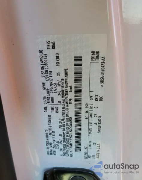 2020 Ford F150 из США, поврежденный, VIN 1FTMF1E57LKD34450